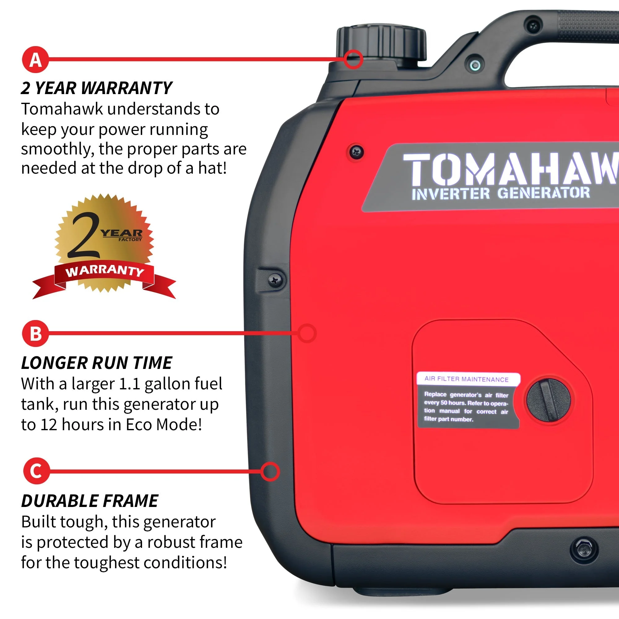 Tomahawk Power 3000 Watt Inverter Generator Super Quiet Portable Gas Power Professional Use - Image 7