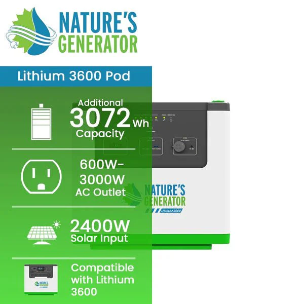 Natures Generator Lithium 3600 Pod With 2 x 100W  Monocrystalline Solar Panels - Image 2