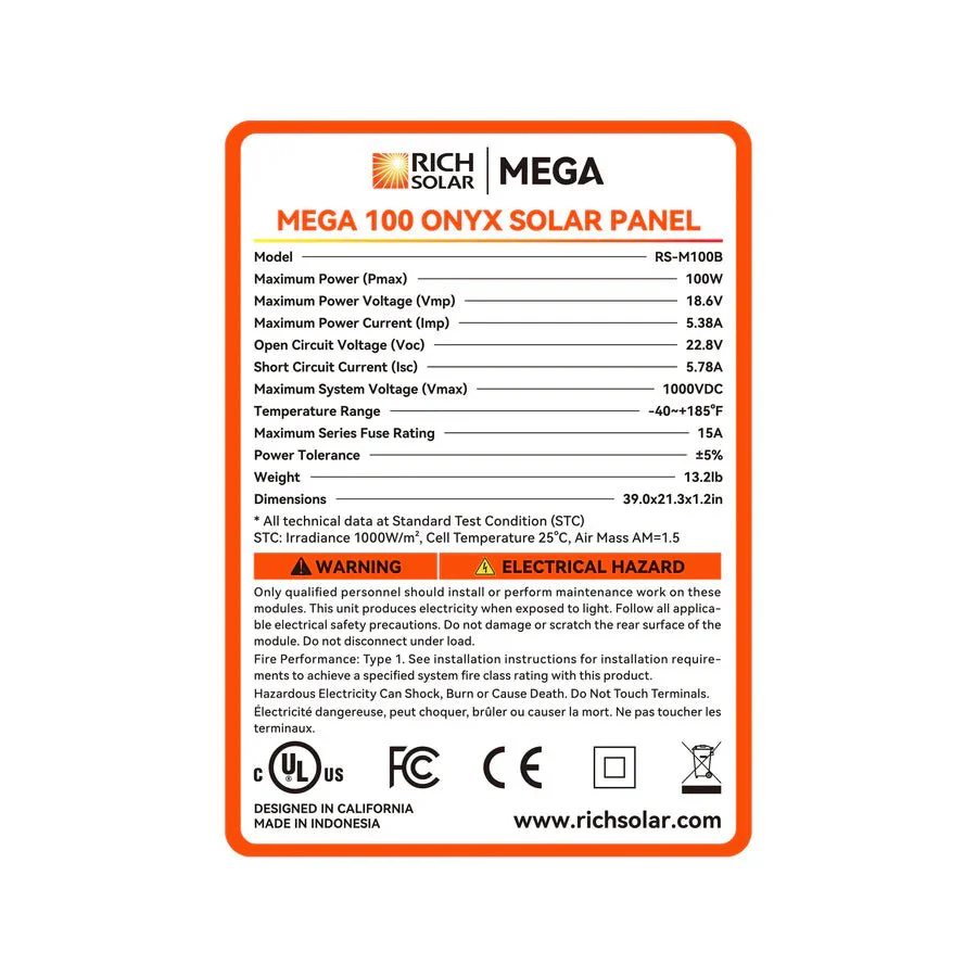 Rich Solar MEGA 100 Watt ONYX Black Monocrystalline Solar Panel - Image 10