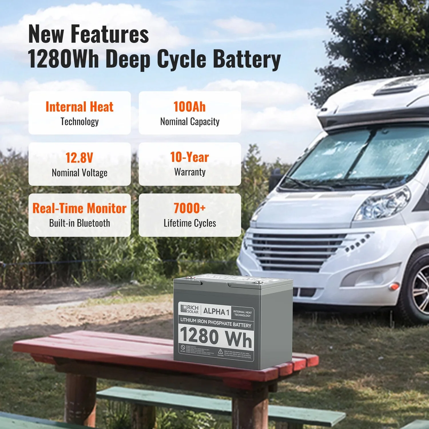 Rich Solar 12V 100Ah LiFePO4 Lithium Iron Phosphate Battery w/ Internal Heating and Bluetooth Function - Image 10