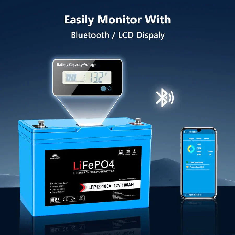 SunGoldPower 12V 100Ah LiFePo4 Deep Cycle Lithium Battery / Bluetooth / Self-Heating / IP65 - Image 3