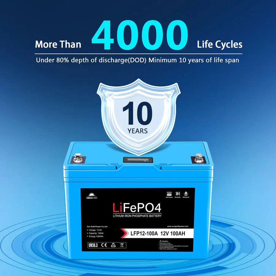 SunGoldPower 12V 100Ah LiFePo4 Deep Cycle Lithium Battery / Bluetooth / Self-Heating / IP65 - Image 4