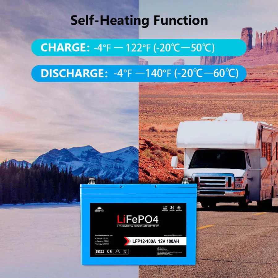 SunGoldPower 12V 100Ah LiFePo4 Deep Cycle Lithium Battery / Bluetooth / Self-Heating / IP65 - Image 5