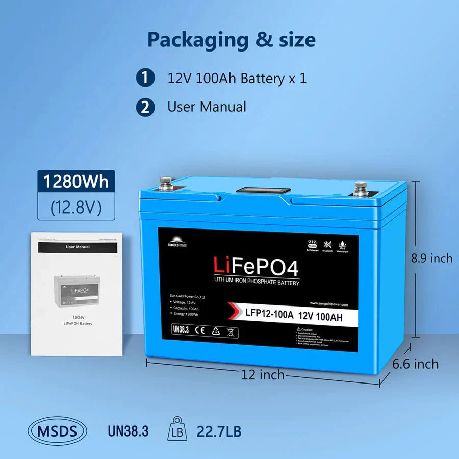 SunGoldPower 12V 100Ah LiFePo4 Deep Cycle Lithium Battery / Bluetooth / Self-Heating / IP65 - Image 6