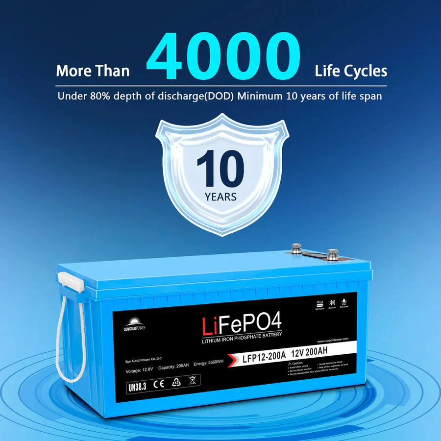 SunGoldPower 12V 200AH LIFEPO4 Deep Cycle Lithium Battery Bluetooth / Self-Heating / IP65 - Image 4