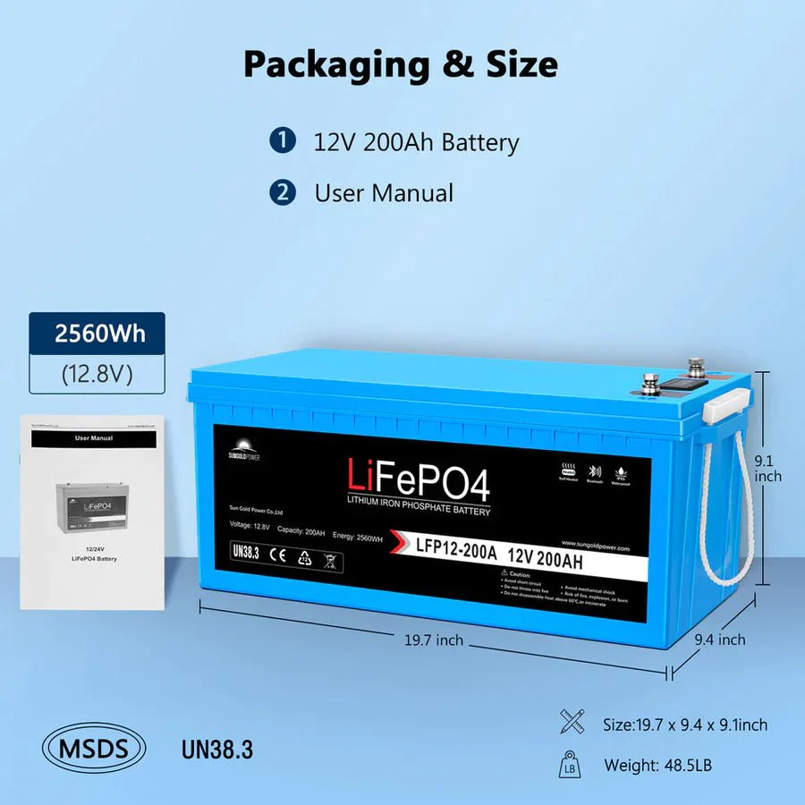 SunGoldPower 12V 200AH LIFEPO4 Deep Cycle Lithium Battery Bluetooth / Self-Heating / IP65 - Image 6